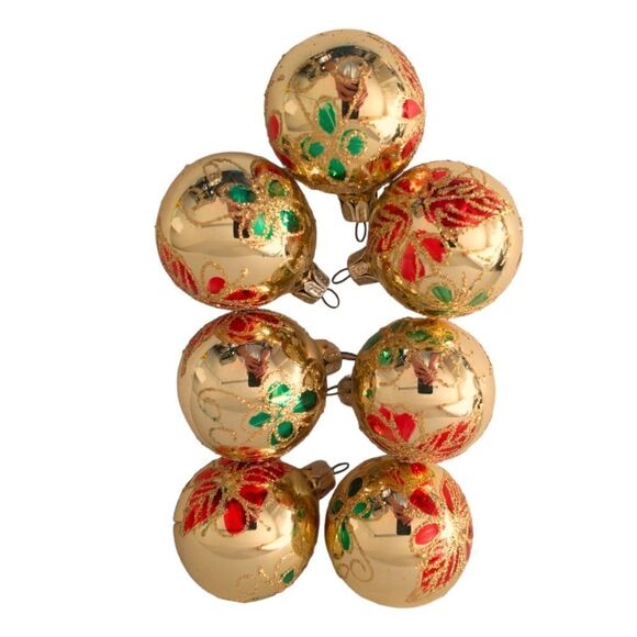 Commodore Christmas Classics Ornaments x 7 Glass Ball Hand Decorated Poinsettia. - Picture 14 of 16